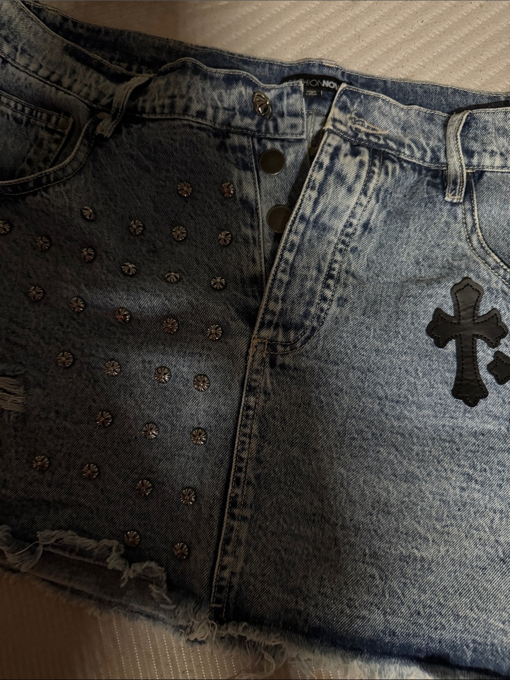 Fashion Nova Light Blue Studded Denim Shorts with Cross Patch